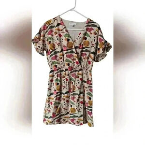 THML Retro Print Wrap Ruffle Sleeve Dress